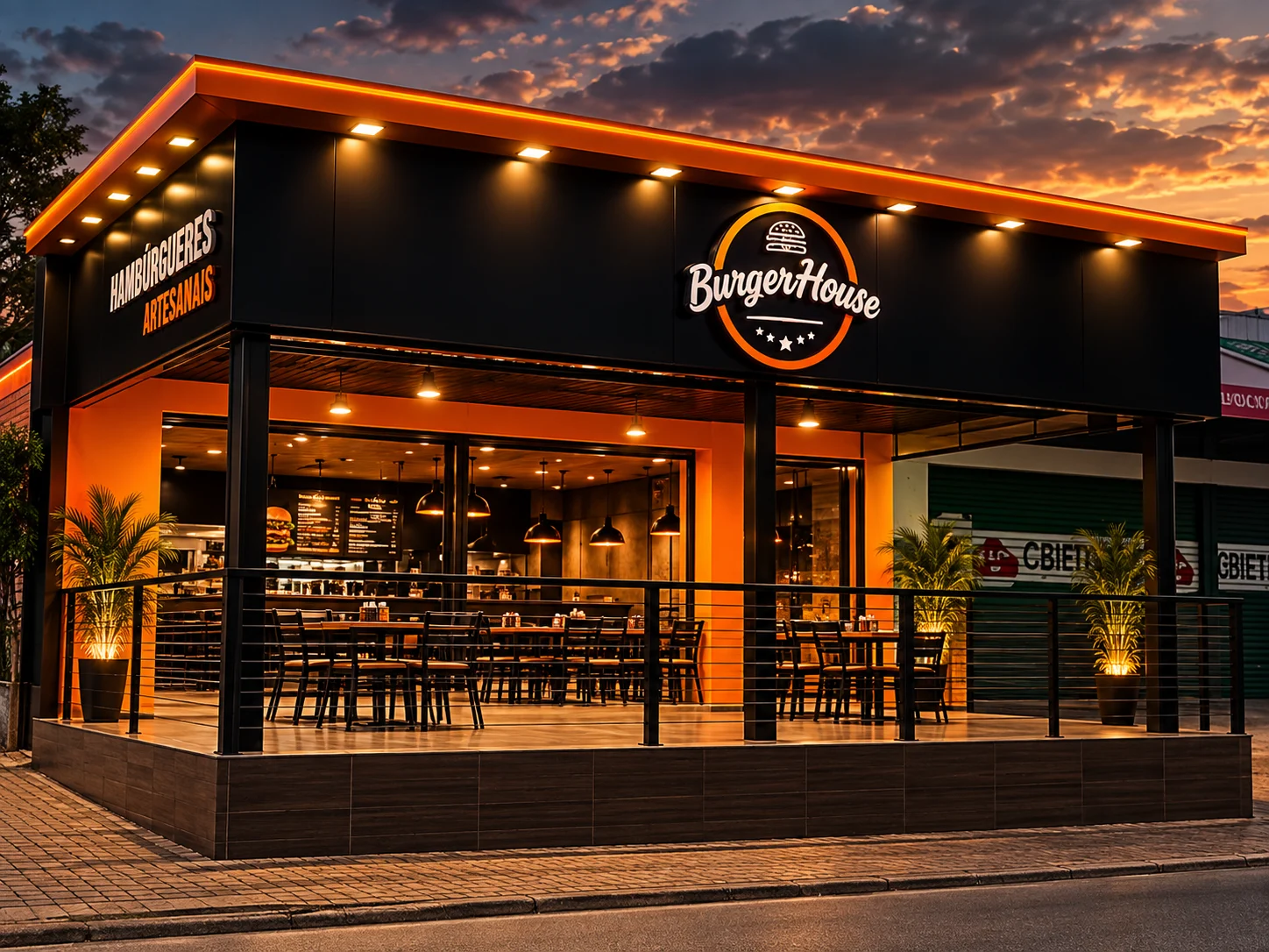 Fachada da Burger House ao entardecer, com estrutura preta e iluminação quente
